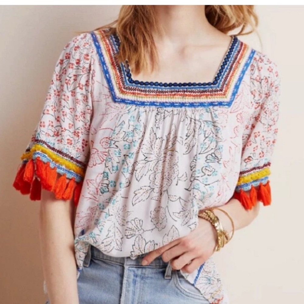 Maeve Paolina top Anthropologie M embroidery blouse tasseled summer boho hippie